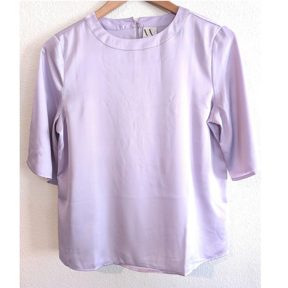 Worthington Womens Lavender Purple Short Sleeve Satin Blouse Keyhole Back XS